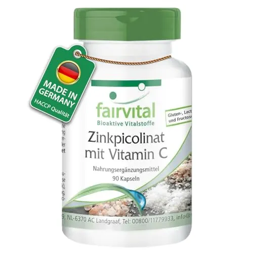 Fairvital | Zinkpicolinat Kapseln mit Vitamin C - 90 Kapseln - HOCHDOSIERT - VEGAN - mit 15mg Zink pro Kapsel