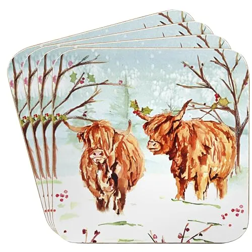 The Leonardo Collection Highland Cow Untersetzer - 4er Set für Zuhause & Büro | Stilvolle Getränkematte für Küche & Esszimmer | Langlebige Getränkeuntersetzer für Tischplatten | Dekorative