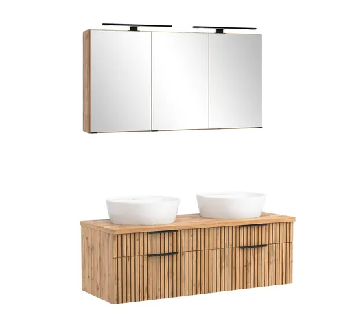 freiraum Waschtisch-Set Nizza, Wotaneiche schwarz - 120x200x47cm - Modernes Waschtisch-Set Nizza für stilvolle Badezimmergestaltung. Großzügige Maße, elegantes Design in Wotaneiche-Optik und praktische Stauraumlösungen machen es zur idealen Wahl für jeden Raum.