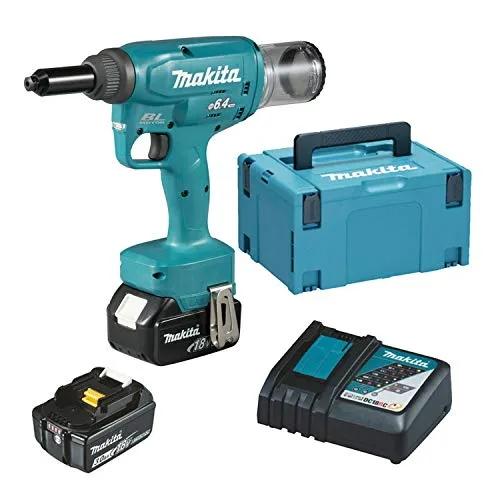 Makita DRV 250 RFJ Akku Blindnietsetzgerät 18 V - Nagelpistole mit 20 kN Zugkraft, ideal für präzise Blindnieten, inklusive 2 Akkus und Ladegerät für maximale Flexibilität.