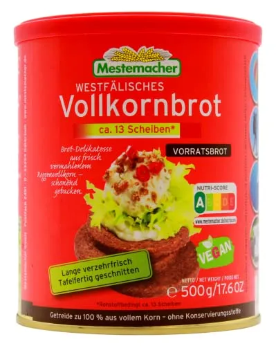 Mestemacher Westfälisches Vollkornbrot 500 g Dose, 12er Pack - Sonstige Grundnahrungsmittel, 100 % Vollkorn aus frisch vermahlenem Roggen, schonend gebacken – ideal für gesunde Ernährung in praktischer Dose.