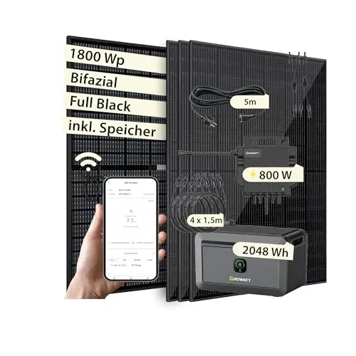 VALE Balkonkraftwerk Bifazial 1800 Wp Full Black - Netzgebundene Photovoltaikanlagen mit bifazialen Solarpanels für bis zu 30% mehr Leistung und integriertem WiFi für intelligente Energieüberwachung.