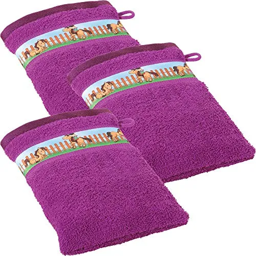 Erwin Müller %Marke% Kinder-Waschhandschuh, Waschlappen 3er- Pack Frottier%Farbe% Größe%Größe% - mit Pferdemotiv auf Bordüre, weich, hautfreundlich, 100% Baumwolle