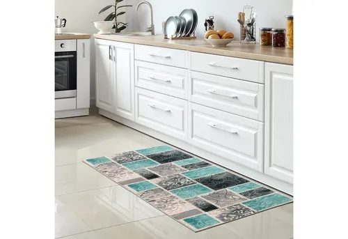 Carpetia Teppich Küchenläufer Moderner Teppich mit Patchwork-Design in Türkis und Grau, rechteckig, Höhe: 5 mm