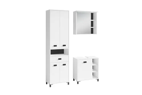 byLIVING Badmöbelset Wellness / 3-teilig/Spiegelschrank, Waschbeckenunterschrank und Hochschrank/LED-Beleuchtung/Spiegel/Waschtisch/Hängeschrank/viel Stauraum (Weiß)