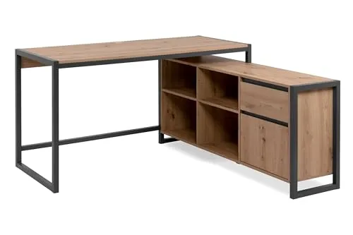 möbelando Eckschreibtisch Denver - Dekor Artisan Eiche & Anthrazit - Schreibtisch mit 4 offenen Fächern, 1 Schubfach und 1 Tür, wahlweise links oder rechts montierbar für optimale Raumnutzung, ideal für Homeoffice oder Büros.
