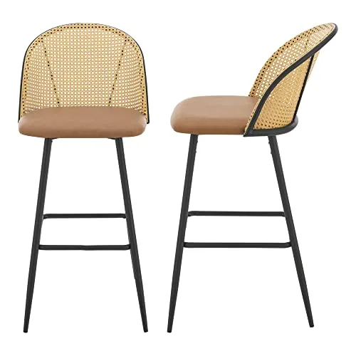 [en.casa] Barhocker Gausdal 2er Set - Stilvolle gepolsterte Tresenhocker - Barhocker aus PU-Kunstleder und Rattan, 2er-Set für hohen Sitzkomfort und elegantes Design. Ideal für Wohnzimmer oder Küche, stabil und einfach aufzubauen.
