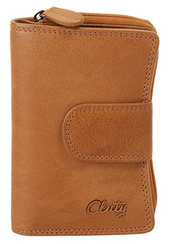 Geldbörse CLUTY, braun (cognac) aus echtem Leder - Klassisches Portemonnaie mit 18 Fächern und RFID-Schutz gegen Datenmissbrauch. Ideal für Kartensammlerinnen, die Sicherheit und Stil schätzen.