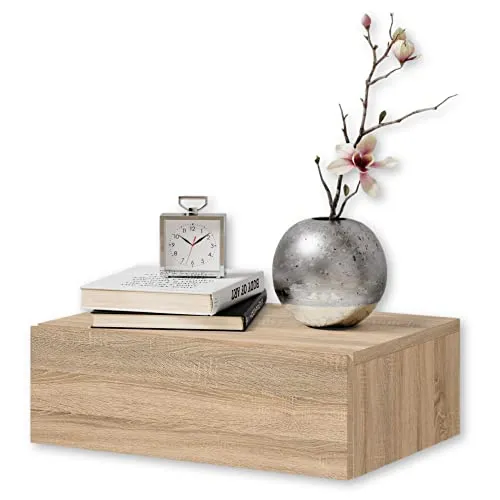 Stella Trading Nachttisch hängend - Sonoma Eiche Optik, minimalistisch und platzsparend - Nachttisch in Sonoma Eiche Optik, mit griffloser Front und viel Stauraum. Perfekt für kleine Schlafzimmer, einfach zu montieren und ideal für moderne Wohnstile.