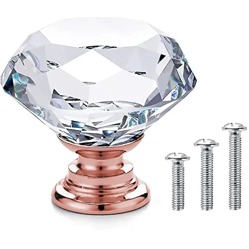 Vandicka 20er Kristall Schublade knöpfe, Kristall Möbelknöpfe, Glas Knöpfe für Schrank, Kommode, Kleiderschrank - Transparente Diamant + Roségoldbasis, φ30mm, mit Schrauben in 3 Größen