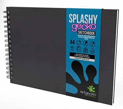 Artgecko Splashy Skizzenbuch, DIN A4, Querformat, 40 Seiten (20 Blatt), 300 g/m², säurefreies, weißes Zeichenpapier