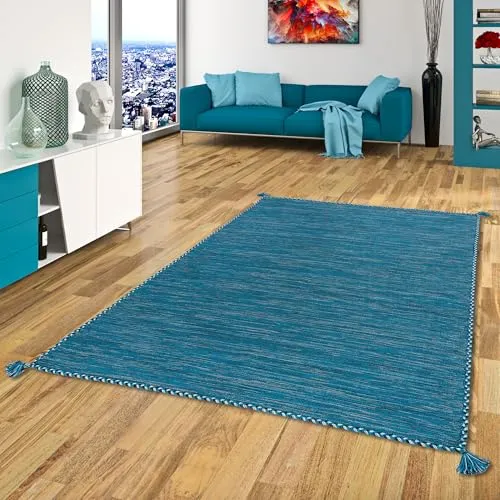 Natur Teppich Bauwolle Kelim Prico Blau Petrol - Handgewebt - Teppich aus 100 % Baumwolle, handgewebt und antistatisch. Ideal für Parkett und Laminat, geeignet für Fußbodenheizung. Erhältlich in 8 Größen.