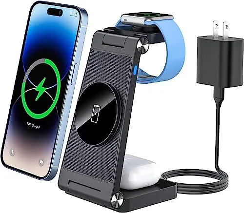 Tiergrade 3 in 1 Kabelloses Ladegerät für Apple-Geräte, Magnetische Faltbare Ladestation, Reiseladegerät für iPhone 15/14/13 Serie, AirPods 3/2/Pro/Pro2, iWatch (Adapter im Lieferumfang) Schwarz