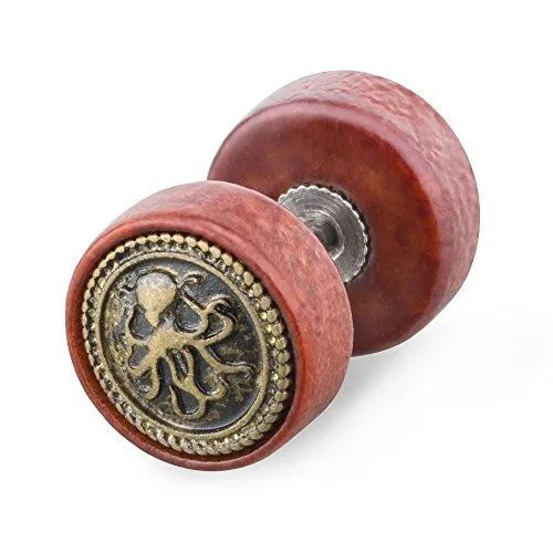 Piercingfaktor Runde Ohrring Ohrstecker Fake Piercing Ohr Plug Flesh Tunnel Kreis Platte Stecker Holz Braun Gold mit Oktopus Krake