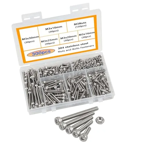 HVDHYY M3 Schrauben Set 304 Edelstahl-Innensechskant Mechanische Innensechskantschraube und Muttern-Set Rostfrei Sechskopfschrauben Muttern Mit 300pcs