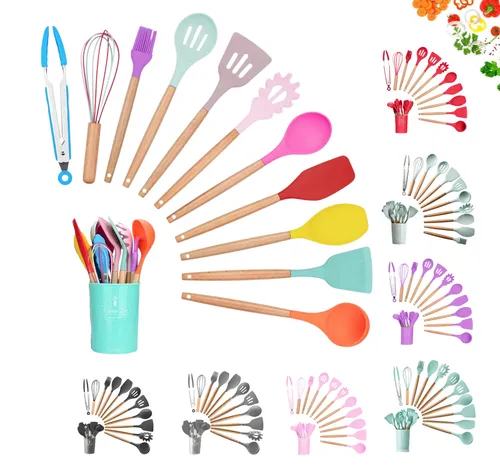 12 tlg. Silikon Kochbesteck Set mit Holzgriff – Küchenhelfer in Schwarz
