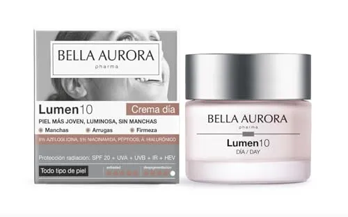 Bella Aurora Lumen10 Tag Anti-Aging Anti-Flecken-Creme mit LSF 20, UVA/UVB/IR/HEV, Niacinamid, Peptide und Hyaluronsäure, Feuchtigkeitsspendend, Leuchtkraft, Elastizität und Festigkeit, 50 ml