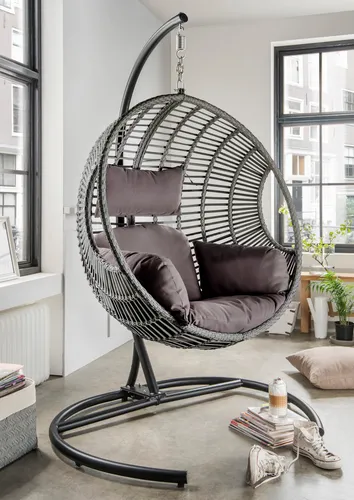 Destiny Hängesessel Coco DE Luxe inkl. Gestell - Hängesessel aus grauem Polyrattan mit robustem Gestell, ideal für entspannte Stunden im Garten oder auf der Terrasse.