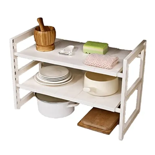 CRELIV Unterschrankregal, Küchenregal, Spülschrankregal, Ablageregal, Spülbeckenregal, Küchenordnungssystem mit 2 Ablageflächen, Ausziehbar, Breit und Höhe nach Wunsch Verstellbar, Weiß (ohne Körbe)