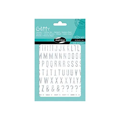 Maildor AE071O Packung Glitty Stickers mit 228 Stickers, 2 Bögen in Format DIN A6, 10,5 x 16cm, ideal für Kinder ab 2 Jahren, 1 Pack, Buchstabe und Zahlen, Silber