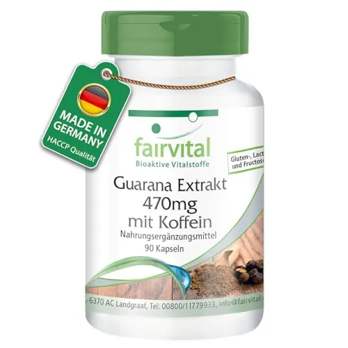 Fairvital | Guarana Extrakt 470mg mit Koffein - 90 Kapseln - für 3 Monate - qualitätsgeprüft und hochdosiert - 100% vegan - Made in Germany