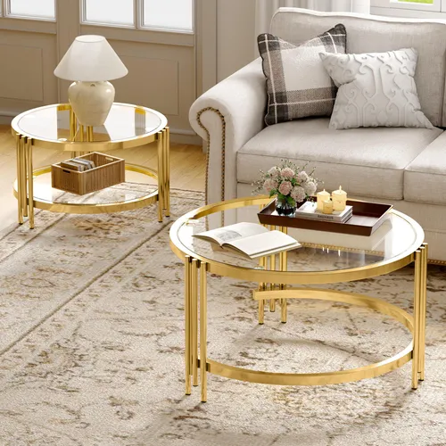 okwish Couchtisch 2er-Set mit Glasplatte und Metallgestell in Gold