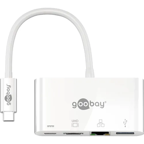 goobay USB C Multiport Adapter HDMI+Ethernet/PD weiß - USB-Hub mit HDMI, Ethernet und PD, unterstützt 4K@30Hz, 60W Ladeleistung und bietet superschnelle Netzwerkverbindung für MacBook und mehr.