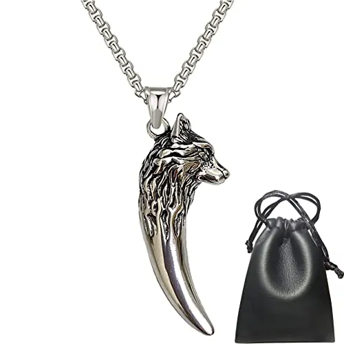 Wikinger Halskette Keltisch Wolfskopf Anhänger, Viking Odin Wolf Zahn Edelstahl Schmuck Nordisch Vintage Punk Amulett Geschenk - 60 Cm Kette Männer und Frauen
