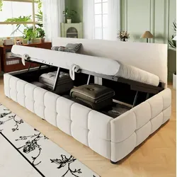 Bett Schlafsofa Modern Beige 90x200 Cm Mit Rückenlehne, Hydraulischem Stauraum Und Lattenrost