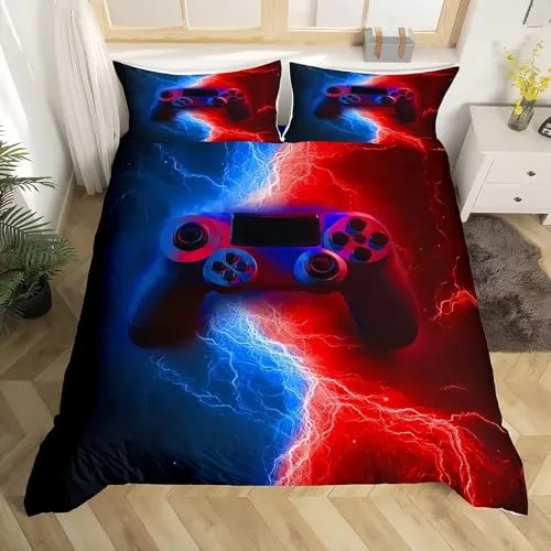 Tabeskly Gamer Gaming Jungen BettwäSche Kinder PlayStation KinderbettwäSche Bed Duvet Cover Bedding Set Blau Rot 135×200cm