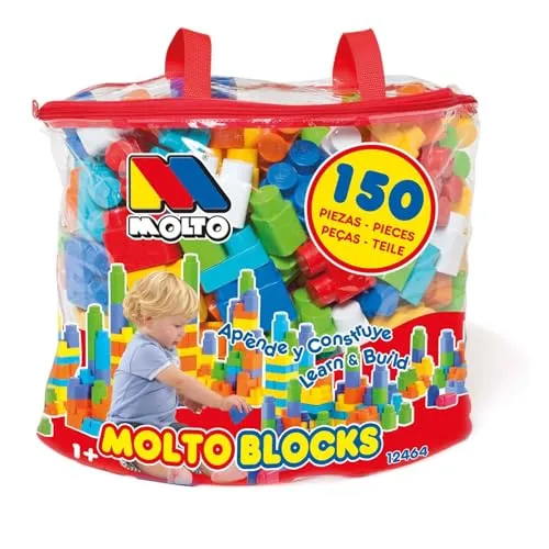 Baustein-Beutel 150 Stk. von Molto - Bauklötze & Bausteine, 150 bunte Blöcke in verschiedenen Größen für kreatives Spielen und Lernen, praktische Reißverschlusstasche für einfache Aufbewahrung.