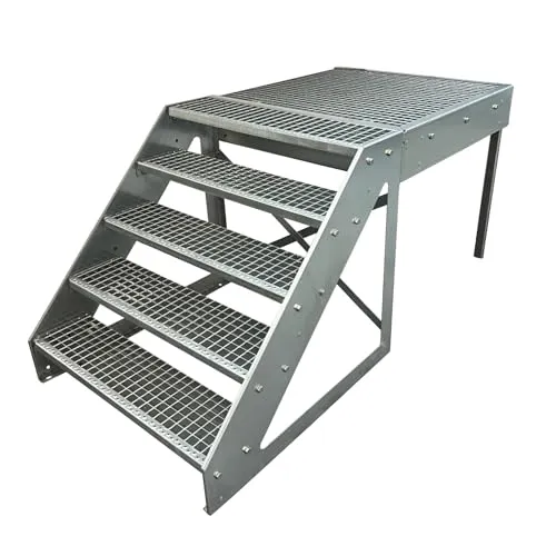 Stahltreppe Freistehend 5 Stufen mit Podest 100x100cm - Wetterfeste und korrosionsgeschützte Stahltreppe für den Außenbereich. Einfache Montage und vielseitig einsetzbar – ideal als Gartentreppe oder für den Balkon. Hergestellt in Deutschland mit 3 Jahren Garantie.