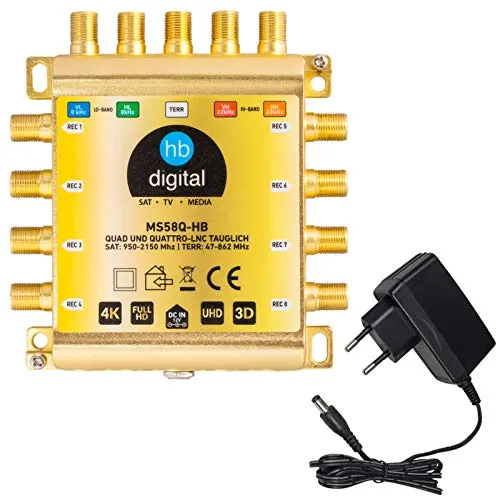 HB-DIGITAL DVB-S/S2 Multischalter 5/8 | Multiswitch Verteiler für 1 SAT, 8 Teilnehmer Satelliten Receiver | Quad & Quattro LNB geeignet | inkl. externes Netzteil | MS58Q-HB | HDTV FullHD 1080p 4K UHD