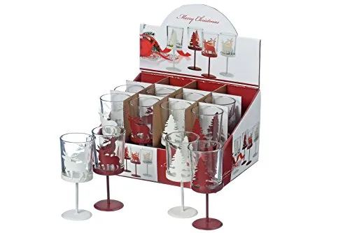 Windlicht aus Glas mit Ständer Windlichthalter Teelicht Weihnachten Elch Tannenbaum rot weiß 2er Set