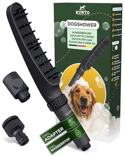 KUNTO® Hundebrausekopf - Hundedusche Duschkopf - Hundedusche mit vier Strahlarten - Hunde Duschkopf mit Silikonborsten für effektive Fellpflege - Mobile Hundedusche outdoor mit Gartenschlauchadapter