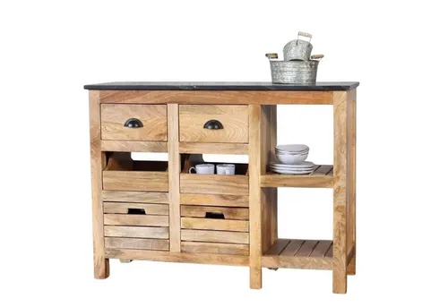 baario Küchentisch Kücheninsel ROVINJ – Vintage Anrichte aus edlem Mangoholz mit Marmorplatte - Couchtische – Stilvolle Kücheninsel mit 4 Schubladen, gefertigt aus hochwertigem Mangoholz und eleganter Marmorplatte, ideal für ein modernes Ambiente.