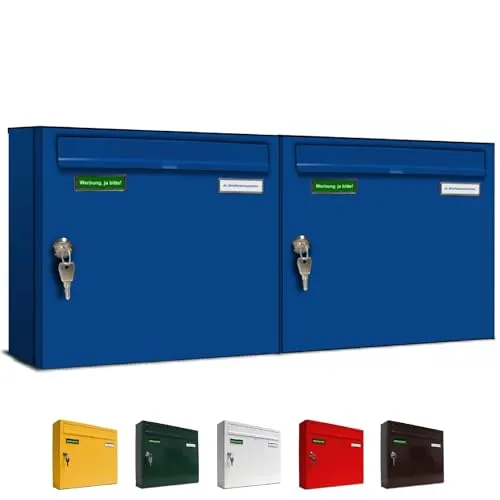 AL Briefkastensysteme Basic 2er Briefkasten RAL 5010 Enzian Blau 2 Fächer DIN A4 wetterfest Briefkastenanlage mit Posthaltebügel und 2 Namensschildern