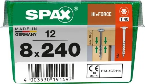SPAX HI.FORCE 8 x 240 mm - 12 Stück Tellerkopfschrauben - Edelstahl Tellerkopfschrauben mit Teilgewinde, ideal für hohe Belastungen, korrosionsbeständig und einfach zu verarbeiten.