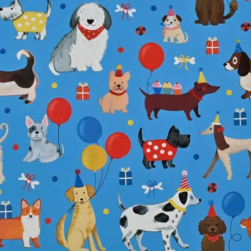 Geschenkpapier 70cm x 2m Rolle Hunde-Party - Geschenkpapierrolle mit Hunden Luftballons & Geschenken - Verpackungspapier für Geburtstag Tierfreunde & Hundeliebhaber - Bunt Blau