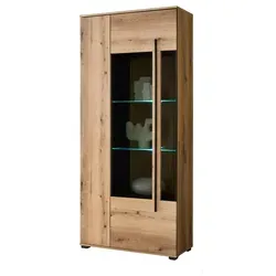 Furn.Design Vitrine Eiche, 6 Fächer, LED-Beleuchtung, modern und platzsparend - Moderne Vitrine mit 6 Fächern und eleganter LED-Beleuchtung. Ideal für Ihr Wohnzimmer, bietet viel Stauraum bei geringem Platzbedarf und einfache Pflege durch glatte Oberflächen.