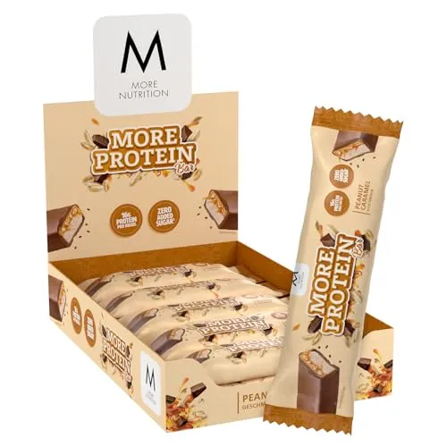 MORE Protein Bar, 10er Box Protein Riegel, 10 x 50 g, Peanut Caramel, Protein Riegel ohne Zuckerzusatz (Design kann variieren)