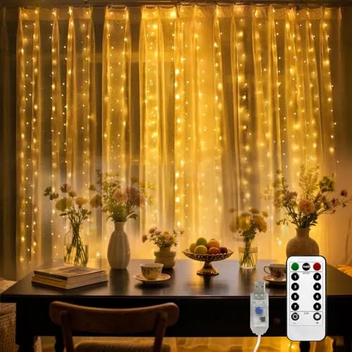 LQWELL LED Lichtervorhang mit Fernbedienung, 3 x 3m 300 Leds Lichterkettenvorhang mit Timer, Dimmbar, Warmweiß 8 Modi Lichterkette Fenster für Innen Außen Zimmer Hochzeit Party Weihnachten Deko