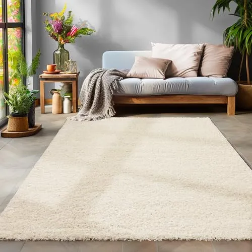 SIMPEX Flauschiger Teppich Wohnzimmer Schlafzimmer Läufer Flur Esszimmer Küchenteppich Hochflor Einfarbig Modernes Design 30 mm Florhöhe Kuschelweich, Creme, 80 x 150 cm
