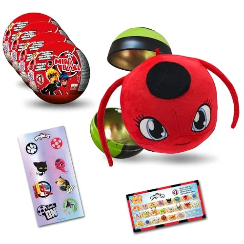Miraculous Ladybug, Sammelspielzeug Kapsel 4-1, 4er-Set, Miraball Überraschung: Ausdehnbares Kwami-Plüschtier, Metallkugel mit Charakterbildern, Glitzernde Aufkleber, Aufhängeband