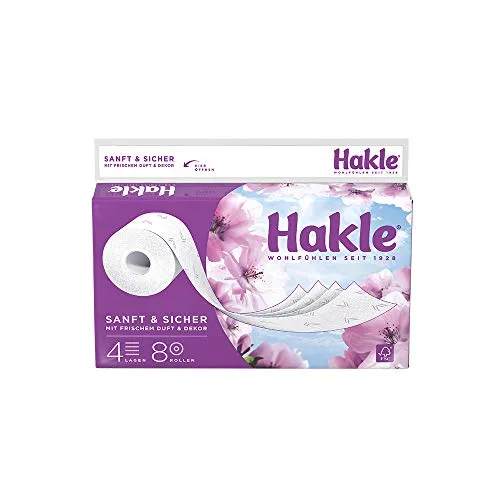 Hakle Toilettenpapier Sanft und Sicher, 4-lagig - 8 Rollen - Toilettenpapier, trocken (traditionell) mit 4-lagigem, flauschigem Tissue für ein angenehmes Gefühl von Reinheit und Frische. Saugfähig und griffig, ideal für den täglichen Gebrauch.