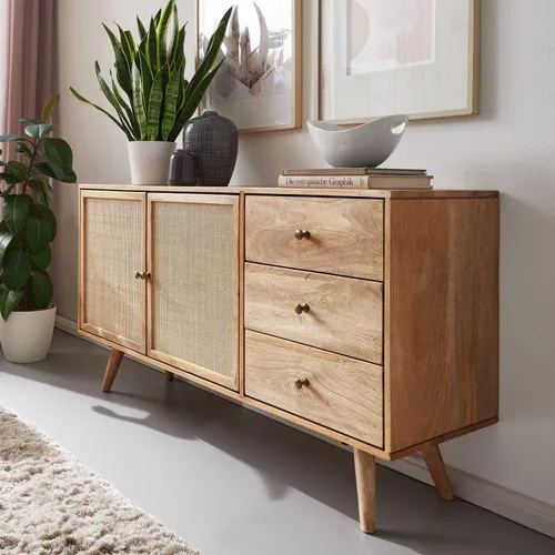 WOHNLING Design Sideboard aus Massivholz mit Rattan-Elementen