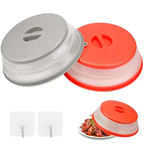 Sosayet Mikrowellen Abdeckung, 2 Stück Abdeckhaube Mikrowelle, Faltbar Microwave Cover mit Haken, Nudelsieb Kunststoff für Obst und Gemüse, BPA-frei (Grau + Rot)