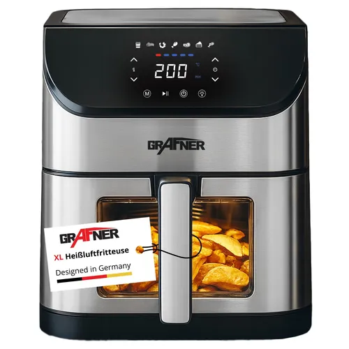 Grafner XXL Digitale Heißluftfritteuse 8 L - Frittieren ohne Fett - Heißluftfritteuse mit 8 Litern für große Familien, 7 Automatikprogramme und 1800 Watt Leistung. Genießen Sie fettfreies Frittieren und einfache Bedienung über den LED-Touchscreen.