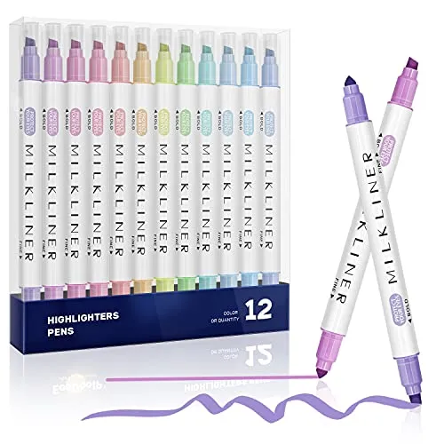 EooUooIP Textmarker, 12 Farben Breite und Feine Spitzen Textmarker Pastell Set für Schulen, Büros, Studenten