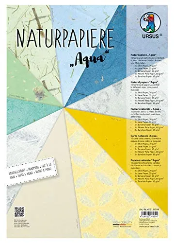 Ursus 61610004 - Naturpapiere Aqua, 10 Blatt, in verschiedenen Größen, Farben und Qualitäten, mit Blütenpapier, Muschelpapier, Bananenpapier Bambuspapier und Lace Paper, für kreative Bastelarbeiten